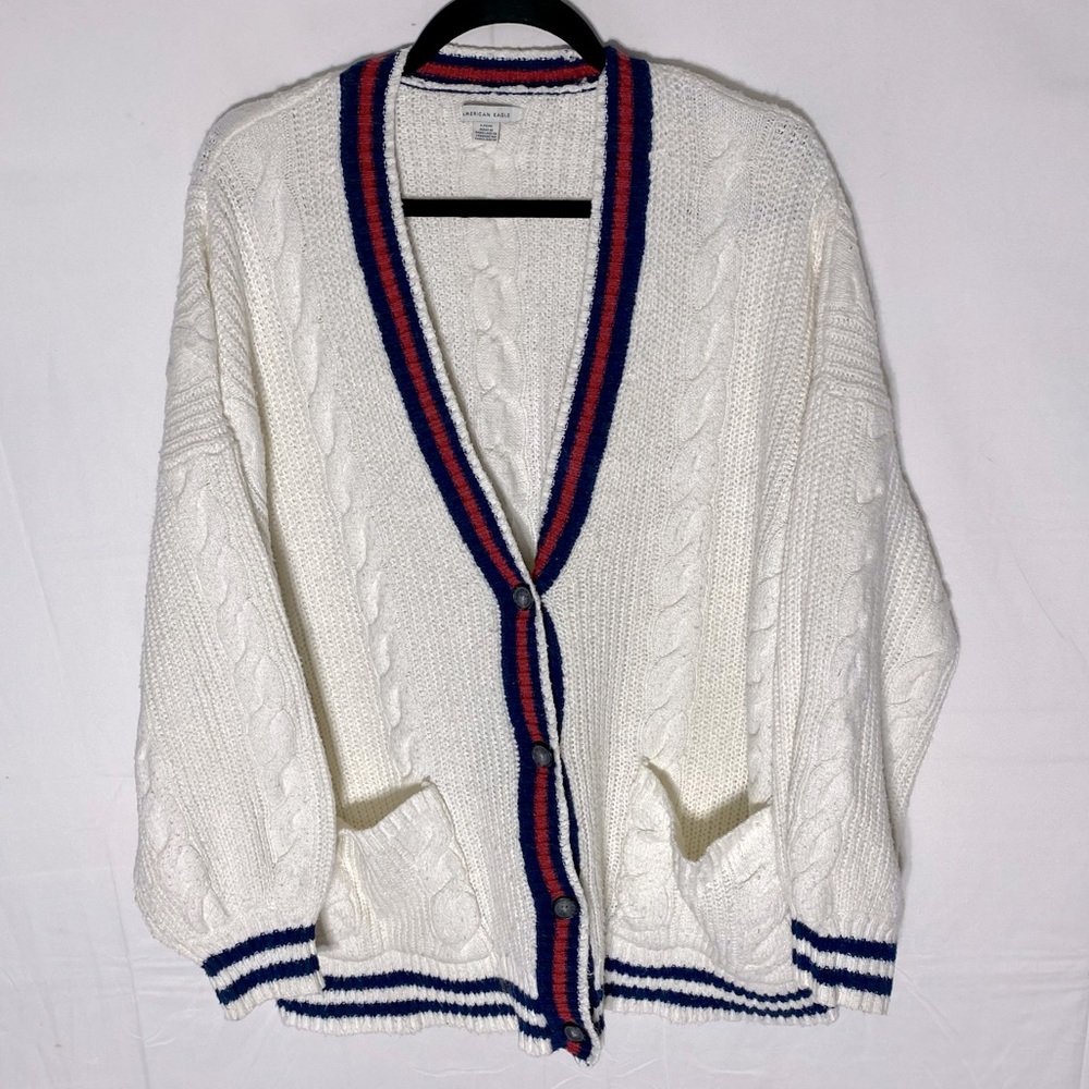 American Eagle Outfitters Oversized Cable Knit White Blue Cardigan Sweater L